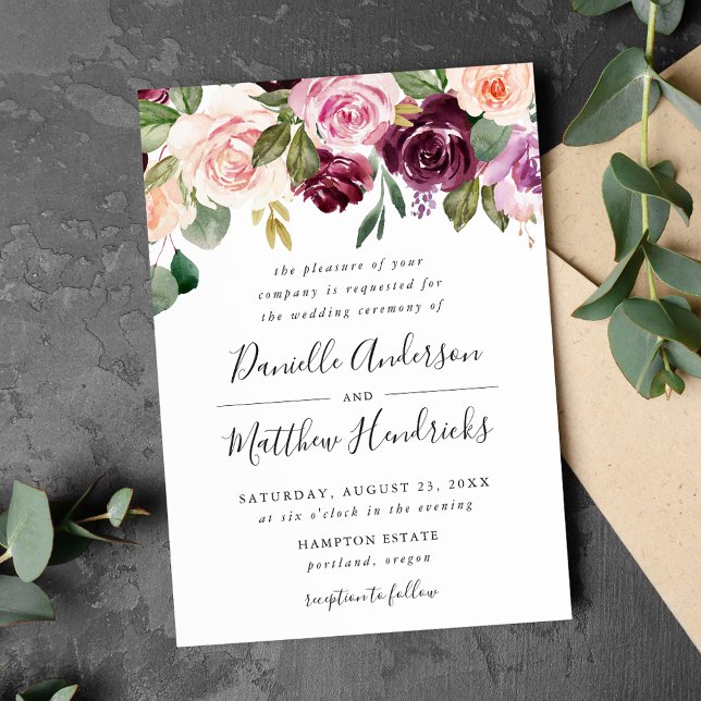 Rustic Pink Burgundy and Purple Floral Wedding Invitation (Creator Uploaded)