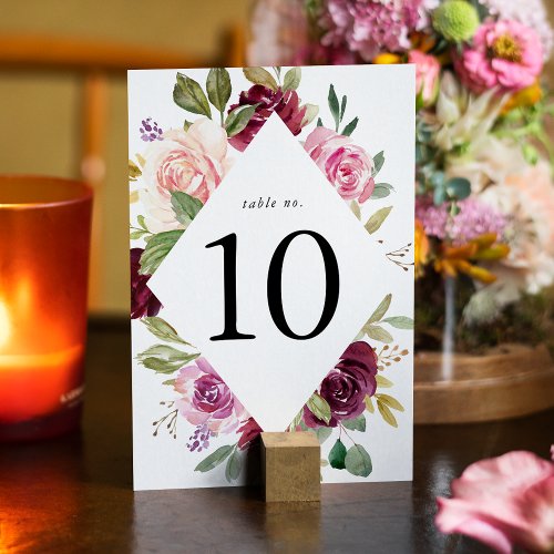 Rustic Pink Burgundy and Purple Floral Wedding Table Number