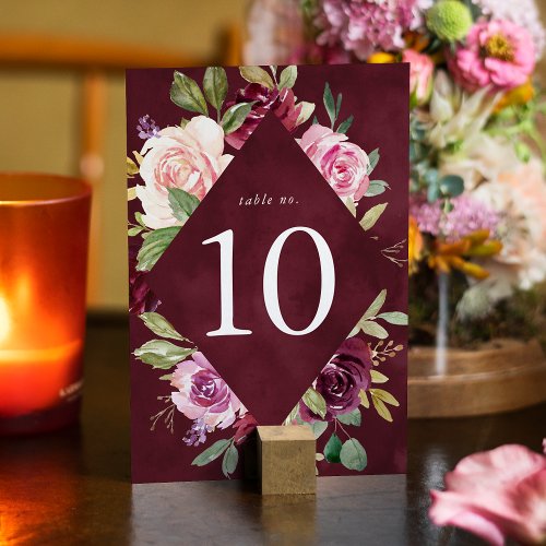 Rustic Pink Burgundy and Purple Floral Wedding Table Number