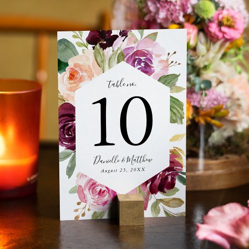 Rustic Pink Burgundy and Purple Floral Wedding Table Number