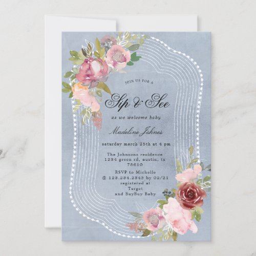 rustic pink burgundy floral sip and see invitation