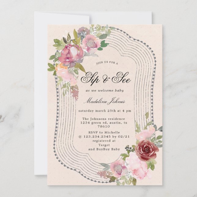 rustic pink burgundy floral sip and see invitation (Front)