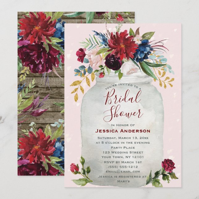 Rustic Pink Burgundy Gold Mason Jar Bridal Shower Invitation (Front/Back)