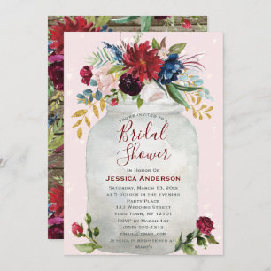 Rustic Pink Burgundy Gold Mason Jar Bridal Shower Invitation