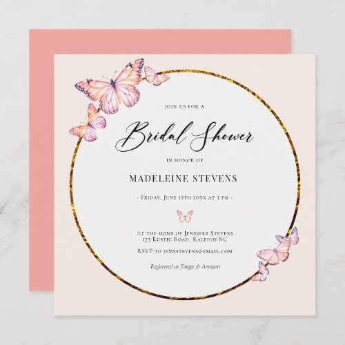 Rustic Pink Butterflies Boho Frame Bridal Shower Invitation