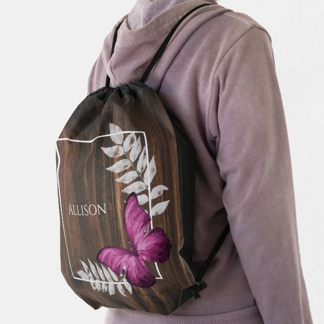 Rustic Pink Butterfly Personalized Drawstring Bag (Insitu)
