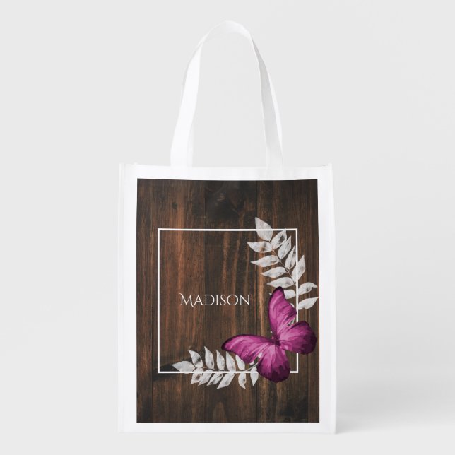 Rustic Pink Butterfly Personalized Grocery Bag (Front)