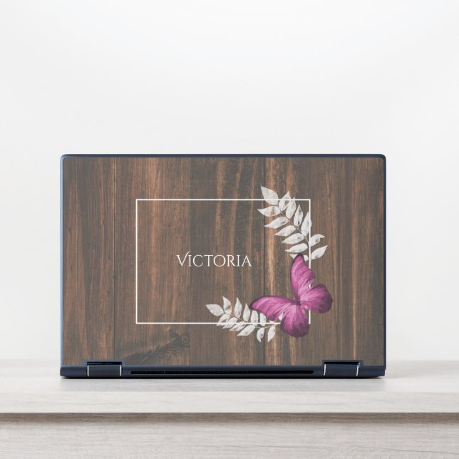 Rustic Pink Butterfly Personalized HP Laptop Skin (Front)