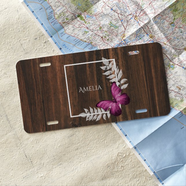 Rustic Pink Butterfly Personalized License Plate (In Situ)