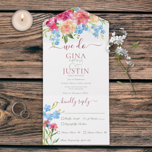 Rustic Pink Carnations  Forget Me Nots Dinner All In One Invitation
