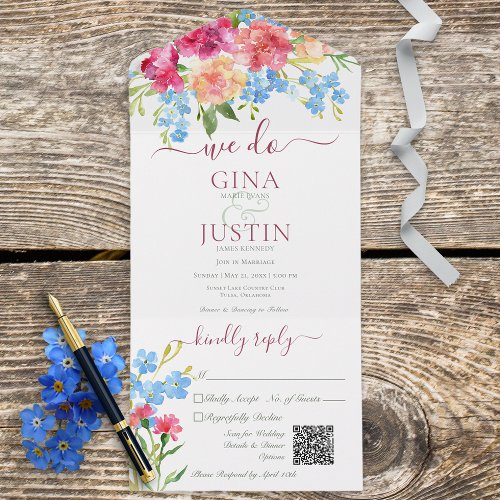 Rustic Pink Carnations  Forget Me Nots QR Code All In One Invitation