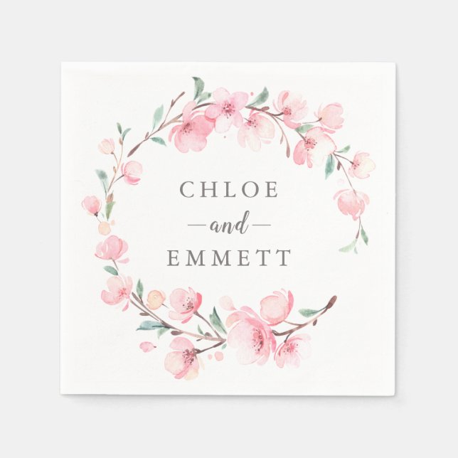 Rustic Pink Cherry Blossom Floral Wreath Napkins (Front)