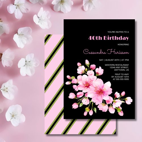 Rustic Pink Cherry Blossom Sakura Black Birthday Invitation