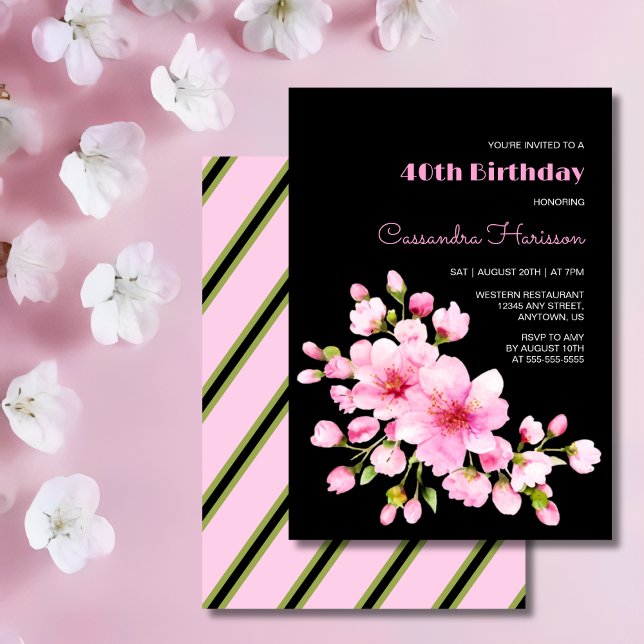 Rustic Pink Cherry Blossom Sakura Black Birthday Invitation (Creator Uploaded)