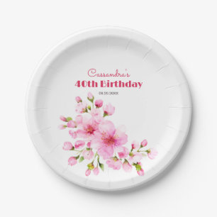 Rustic Pink Cherry Blossom Sakura Floral Birthday Paper Plates