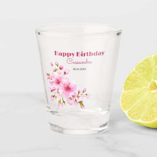 Rustic Pink Cherry Blossom Sakura Floral Birthday Shot Glass (Front)
