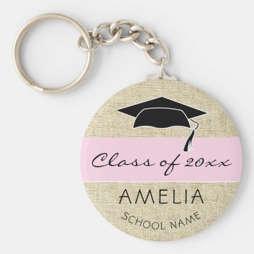 Rustic Pink Class of and Graduate Name Graduation Keychain - Modern Rustic Pink Class of Graduation Keychain with a graduate name, school name, class year and black graduation cap. Pink stripe on beige rustic background. Personalize the keychain and make a great personalized gift and keepsake for a graduate.