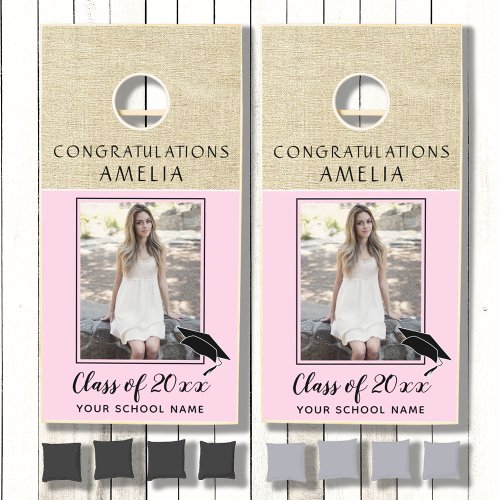 Rustic Pink Congratulations Graduation Party Photo Cornhole Set