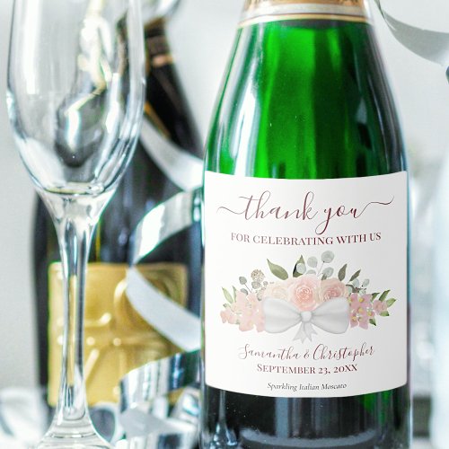 Rustic Pink  Coral Bouquet Boho Wedding Thank You Sparkling Wine Label