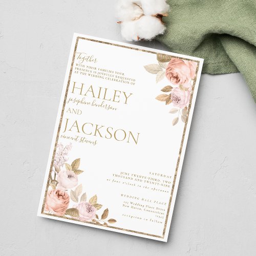  Rustic pink coral gold floral boho theme wedding  Invitation