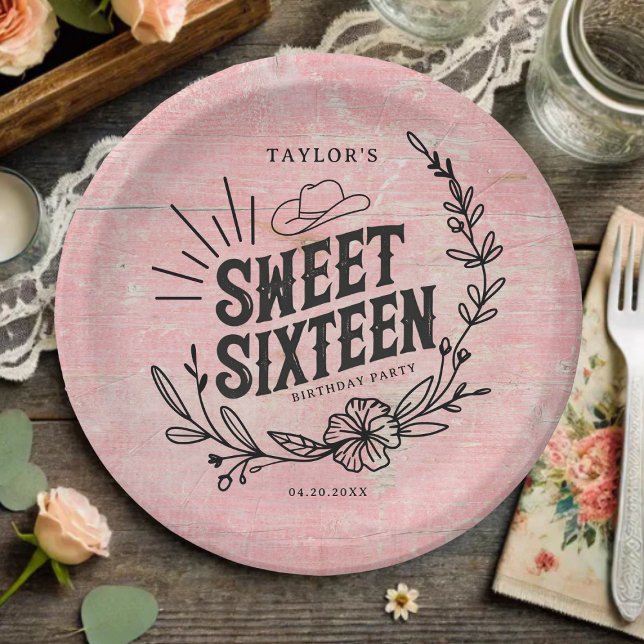 Rustic Pink Cowgirl Floral Sweet Sixteen Birthday  Paper Plates (Rustic pink cowgirl sweet sixteen paper plate with floral design and vintage wood background.)
