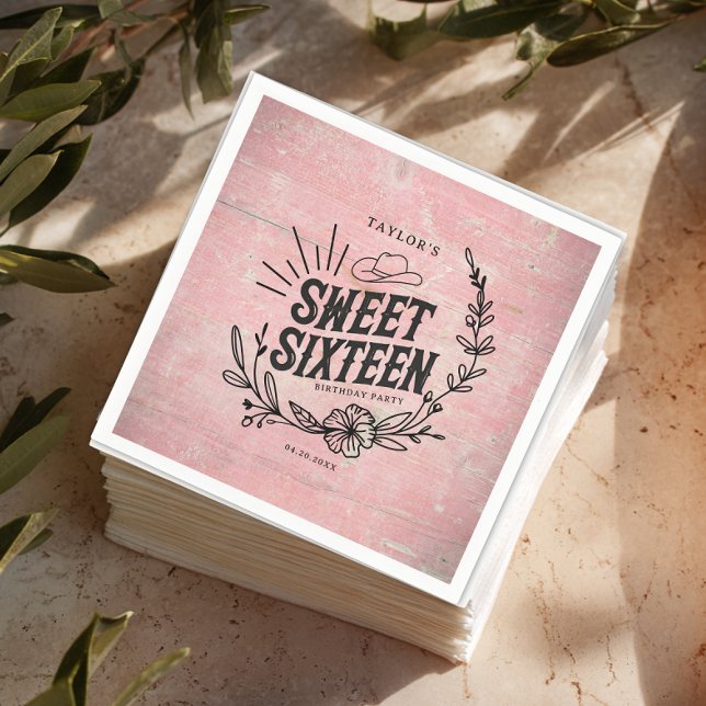 Rustic Pink Cowgirl Floral Sweet Sixteen Party Napkins (Rustic pink cowgirl sweet sixteen napkins with floral western design and vintage wood texture.)