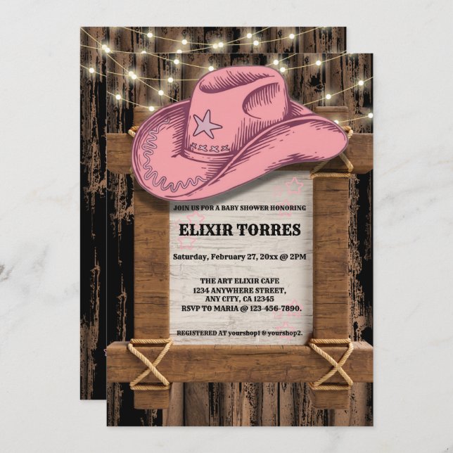 Rustic Pink Cowgirl Hat Baby Shower  Invitation (Front/Back)