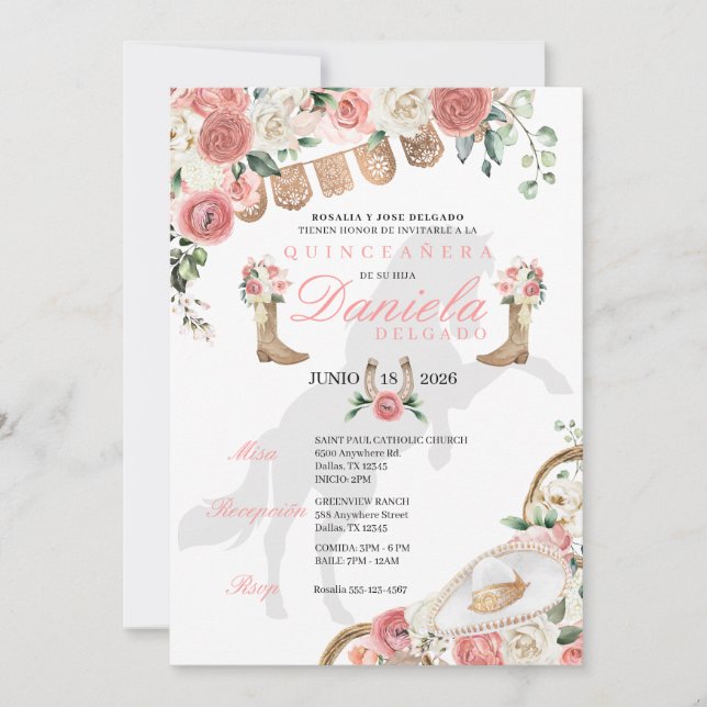 Rustic Pink Cowgirl Horse Western Quinceañera Invitation (Front)