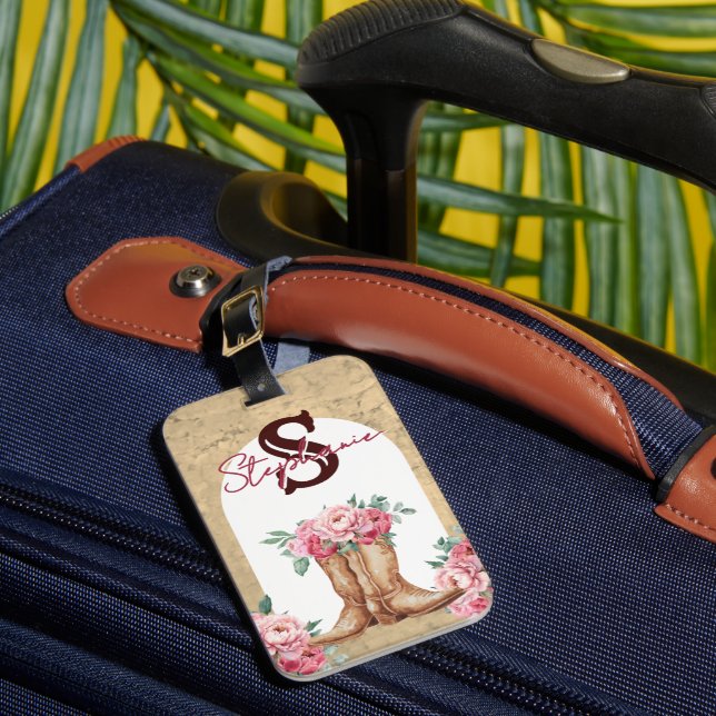 Rustic Pink Cowgirl Monogrammed Floral Luggage Tag (Front Insitu 1)