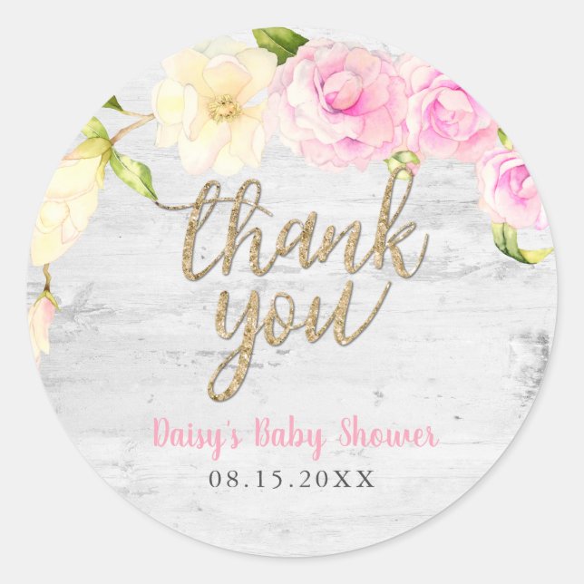 Rustic Pink Cream Floral Baby Shower Classic Round Sticker (Front)