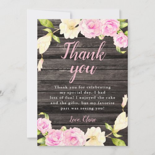 Rustic Pink Cream Floral Birthday Thank You Card