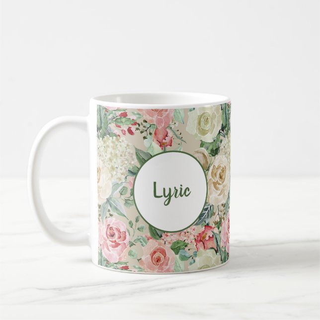 Rustic Pink Creme Rose Modern Floral  Coffee Mug (Left)