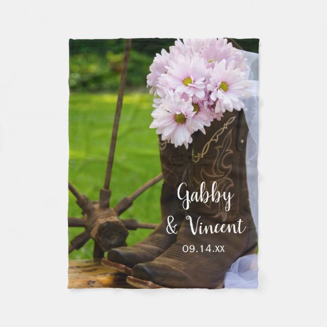 Rustic Pink Daisies and Cowboy Boots Wedding Fleece Blanket (Front)