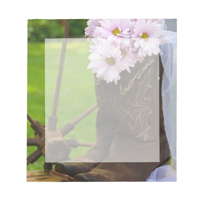 Rustic Pink Daisies and Cowboy Boots Wedding Notepad (Front)