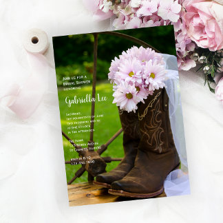 Rustic Pink Daisies Cowboy Boots Bridal Shower Invitation