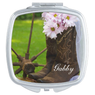 Rustic Pink Daisies Cowboy Boots Country Wedding Compact Mirror