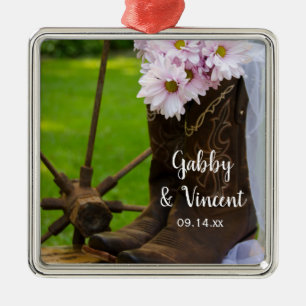 Rustic Pink Daisies Cowboy Boots Country Wedding Metal Ornament