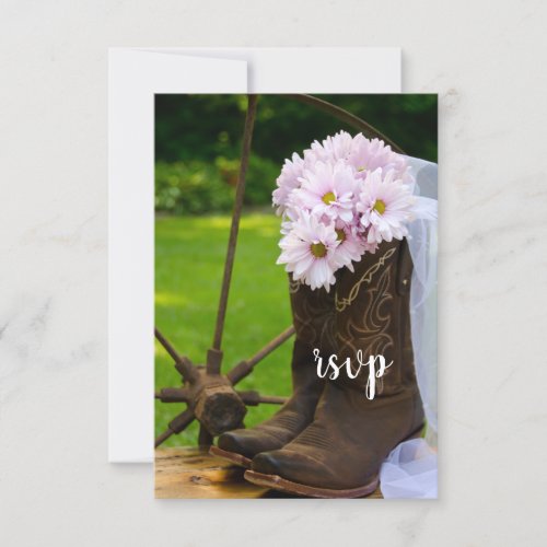 Rustic Pink Daisies Cowboy Boots Wedding RSVP Card