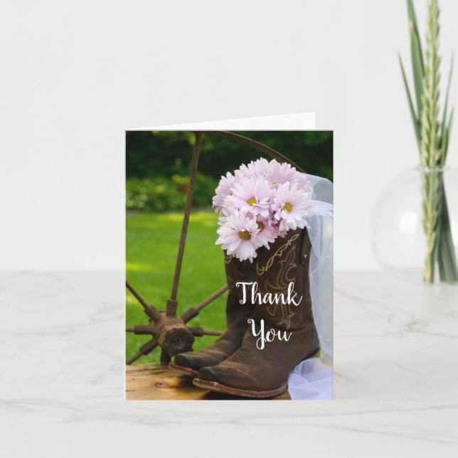 Rustic Pink Daisies Cowboy Boots Wedding Thank You (Front)