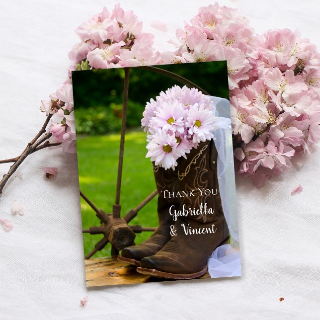 Rustic Pink Daisies Cowboy Boots Wedding Thank You Note Card (Creator Uploaded)