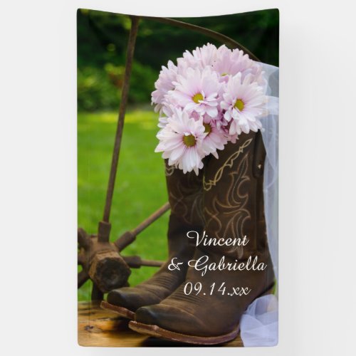 Rustic Pink Daisies Cowboy Boots Western Wedding Banner
