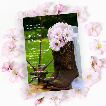 Rustic Pink Daisies Cowboy Boots Western Wedding Invitation by loraseverson at Zazzle