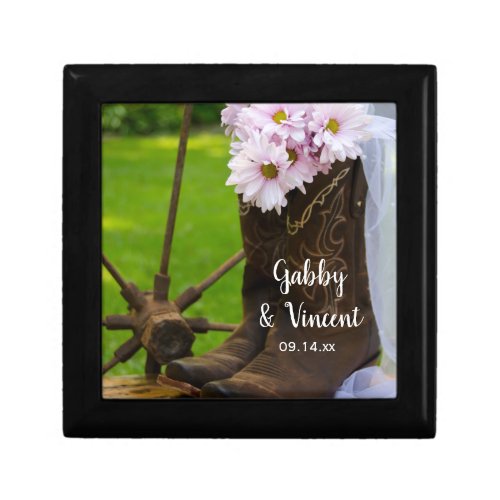 Rustic Pink Daisies Cowboy Boots Western Wedding Jewelry Box