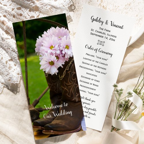 Rustic Pink Daisies Cowboy Boots Western Wedding Program