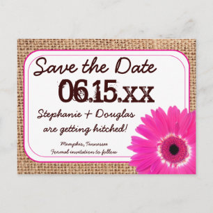 Rustic Pink Daisy Burlap Save The Date Postcards