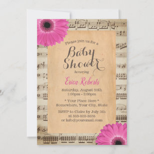 Rustic Pink Daisy Floral Vintage Music Baby Shower Invitation