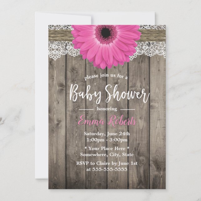 Rustic Pink Daisy Floral White Lace Baby Shower Invitation (Front)