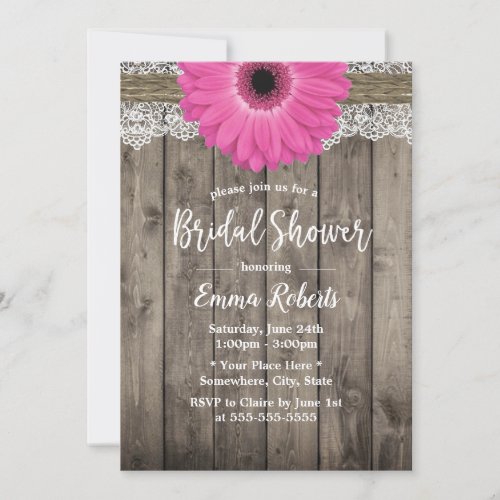 Rustic Pink Daisy Floral White Lace Bridal Shower Invitation