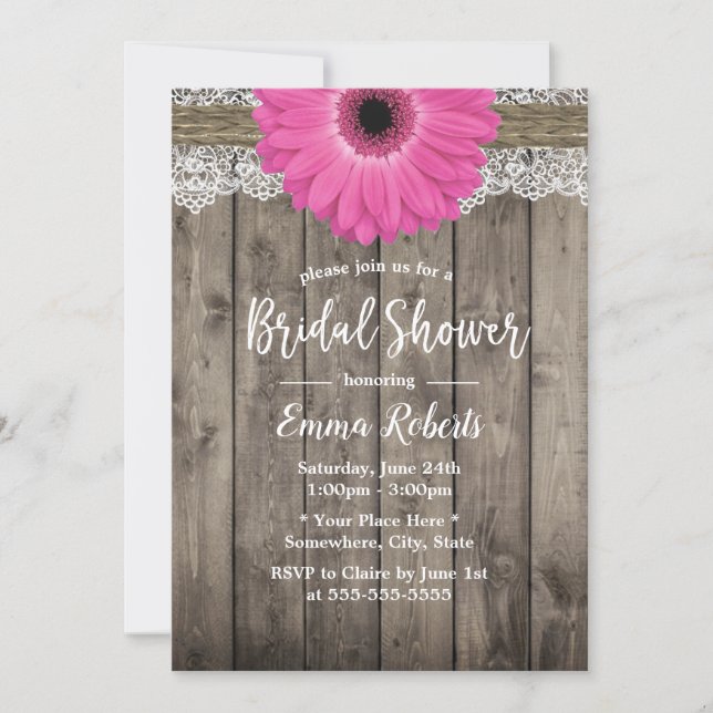Rustic Pink Daisy Floral White Lace Bridal Shower Invitation (Front)