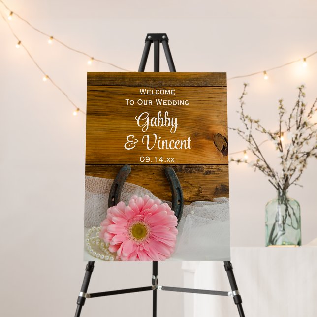 Rustic Pink Daisy Horseshoe Western Barn Wedding Foam Board (In Situ (Stand))